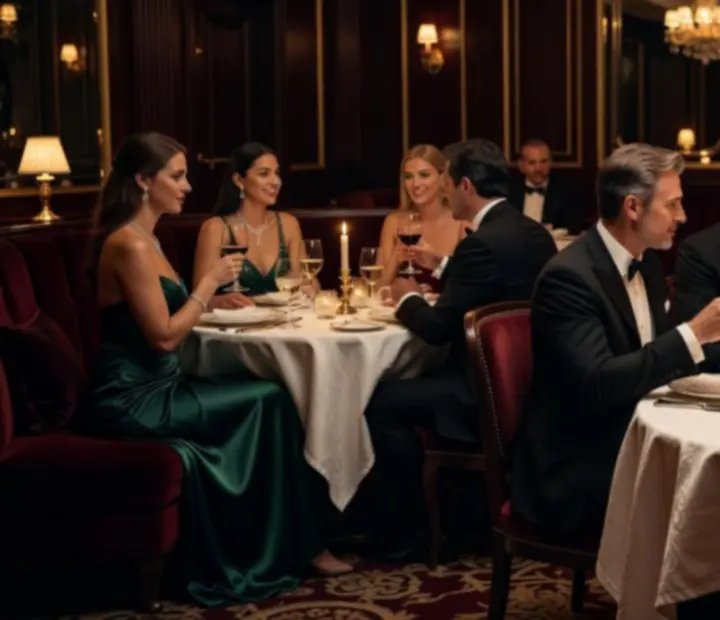Večerní interiér restaurace Casino Canteen se svíčkami a elegantně prostřenými stoly.