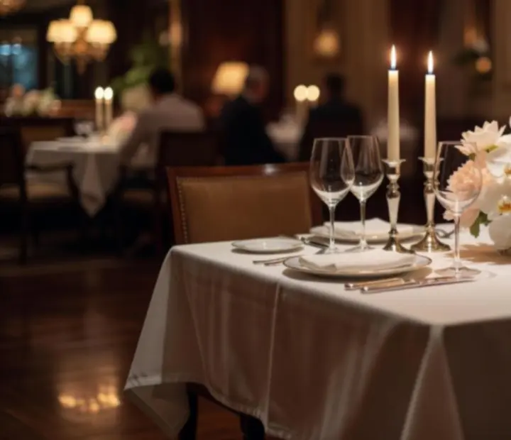 Elegantně prostřený večerní stůl s vínem a svíčkami v restauraci