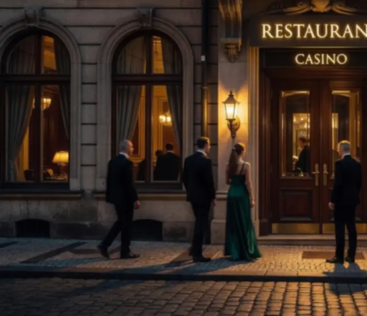 Večerní vstup do restaurace Casino Canteen s intimním osvětlením a elegantním foyerem.