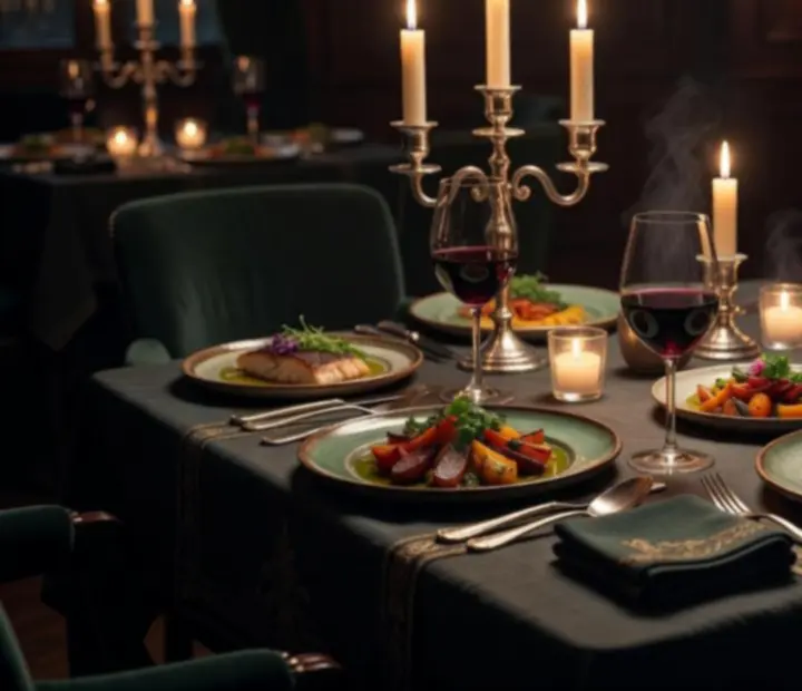 Elegantně nasvícený stůl se sezónními degustačními chody v restauraci Casino Canteen