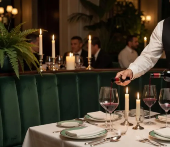 Someliér Casino Canteen nalévá víno k degustačnímu menu Chef's Specials
