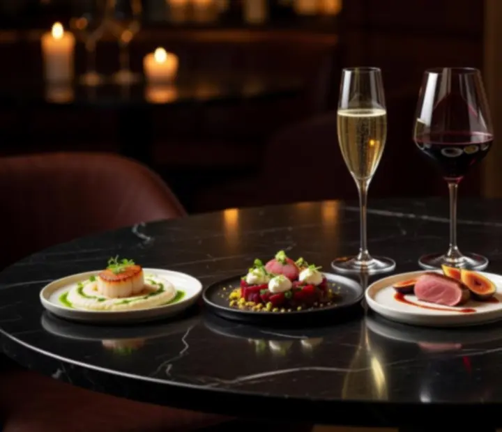 Degustační menu servírované u intimně nasvíceného stolu