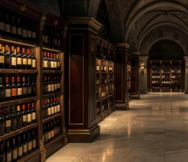 Atmosférický vinný sklep s podsvícenými regály a připraveným stolem pro degustaci.