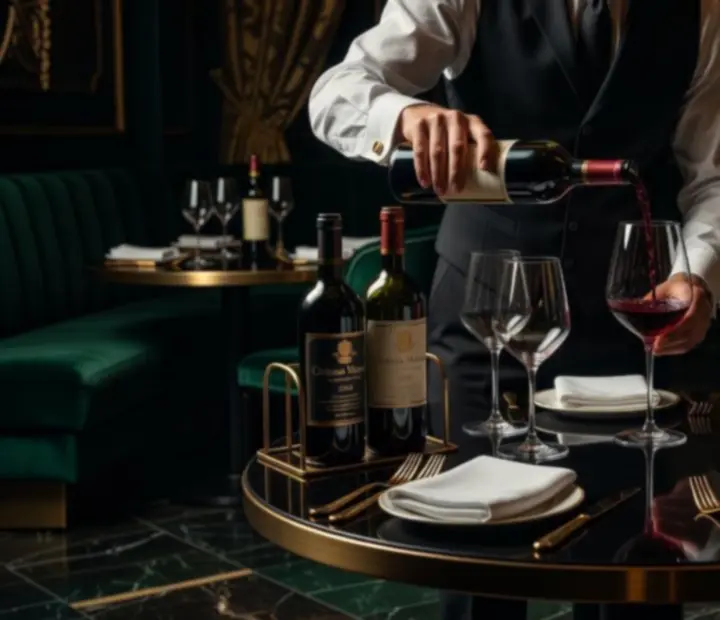 Someliér nalévá víno k degustačnímu menu v tlumeně nasvíceném interiéru